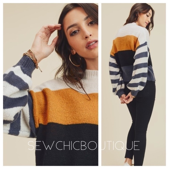 Color Block Sweater with Balloon Sleeves - Picture 3 of 5